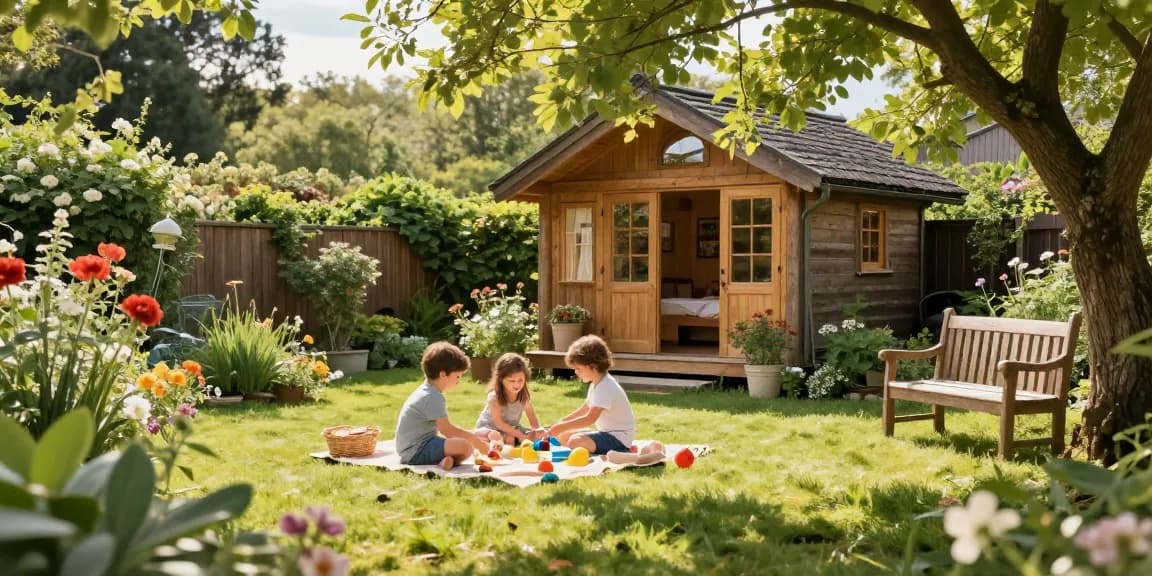 Schöner Garten mit Gartenhaus, entspannende Atmosphäre und spielenden Kindern.