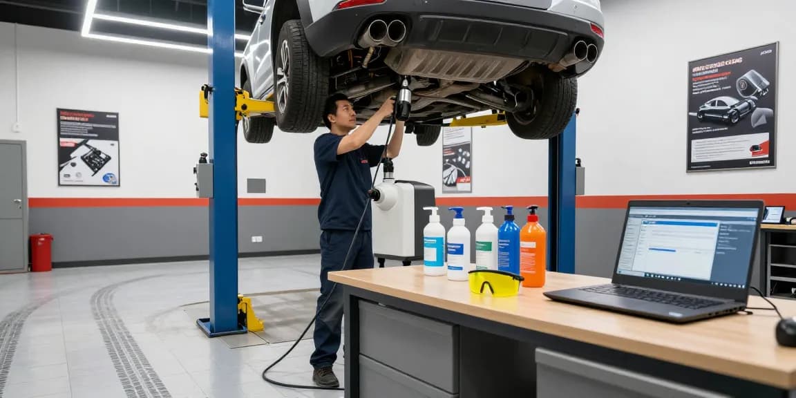 Techniker beim DPF reinigen in modernem Werkstatt, saubere Umgebung und Ausrüstung.