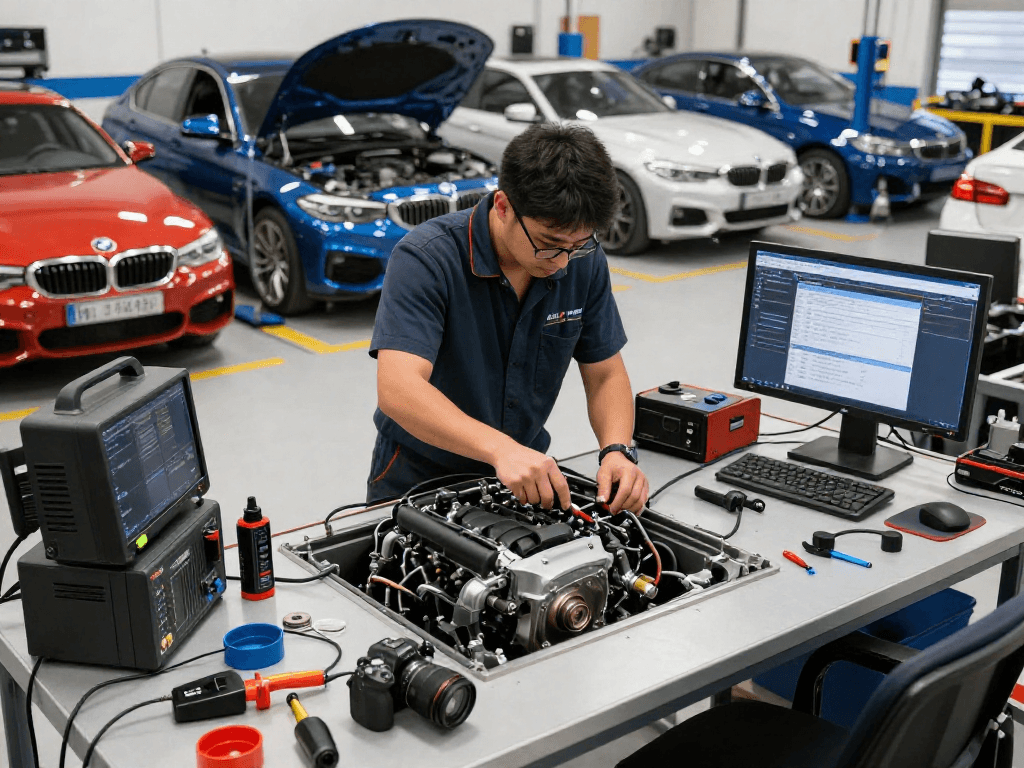 chiptuning Hannover in einer professionellen Werkstatt mit einem Mechaniker, der an einem BMW-Motor arbeitet