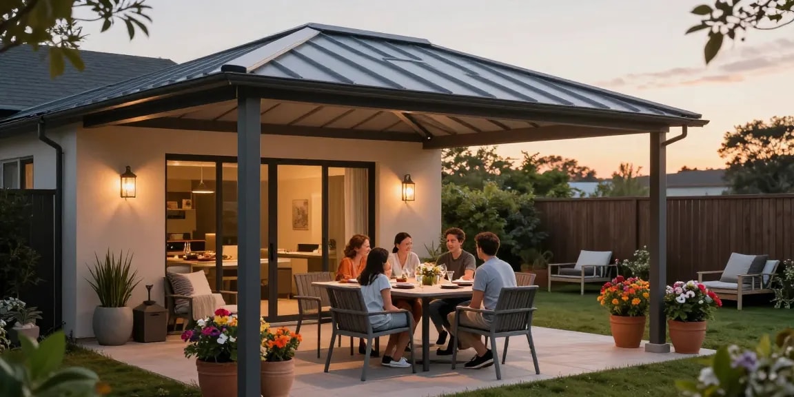 Moderne Terrassenüberdachung mit glücklicher Familie und blühenden Blumen im Garten.