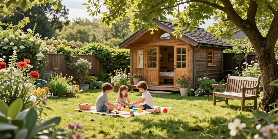 Schöner Garten mit Gartenhaus, entspannende Atmosphäre und spielenden Kindern.
