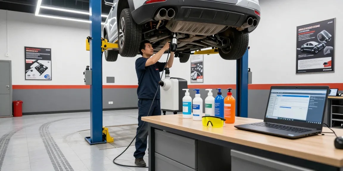 Techniker beim DPF reinigen in modernem Werkstatt, saubere Umgebung und Ausrüstung.