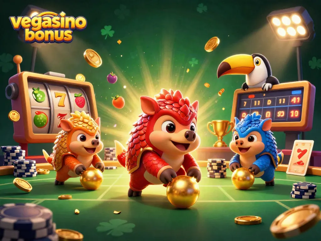 Playing with the vegasino bonus, enjoy thrilling antics of rival pangolins in a lively casino scene.