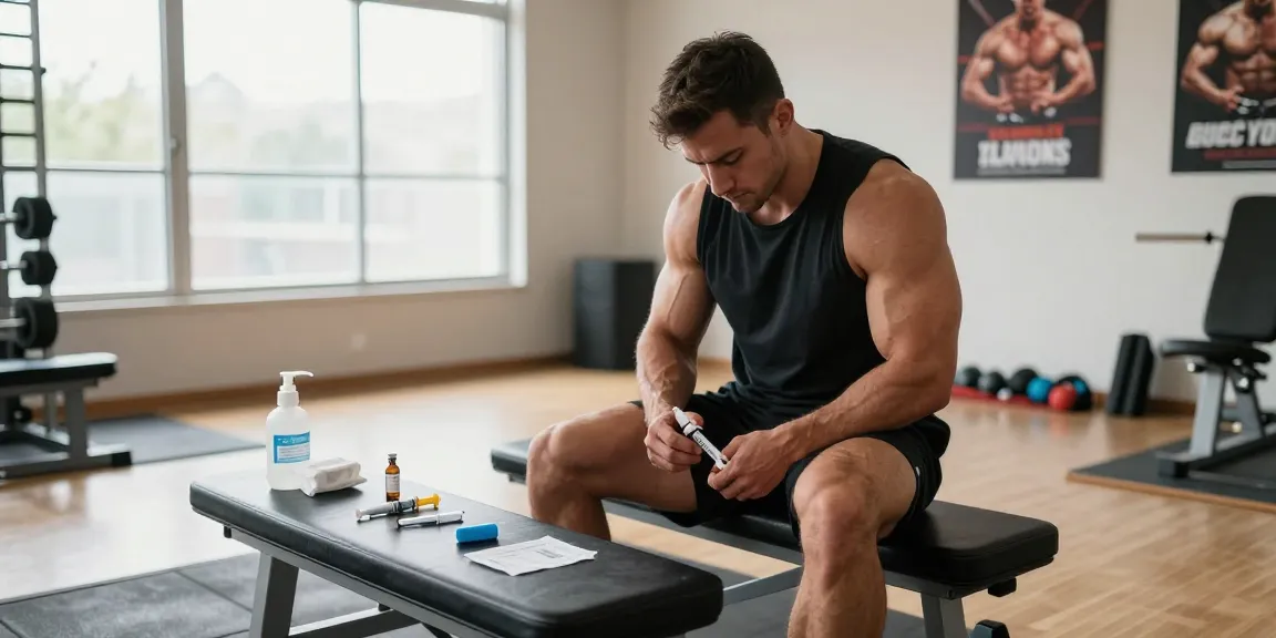 Im Anabolika Shop originaler Anabolika kaufen: Bodybuilder spritzt Steroid in modernen Fitnessstudio.