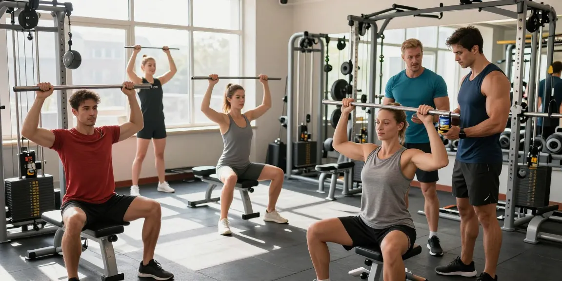 Utinon Steroide Produkte bei Fitnessübungen in einem modernen Gym, starke Athleten beim Training.