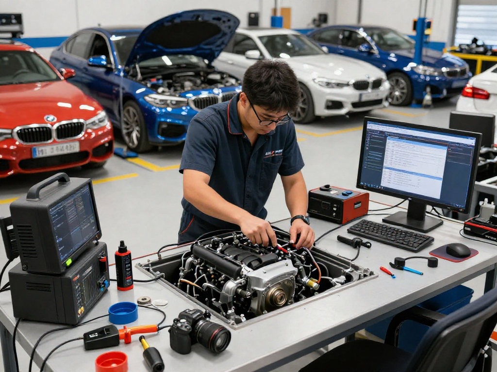 chiptuning Hannover in einer professionellen Werkstatt mit einem Mechaniker, der an einem BMW-Motor arbeitet