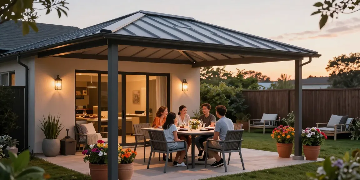 Moderne Terrassenüberdachung mit glücklicher Familie und blühenden Blumen im Garten.