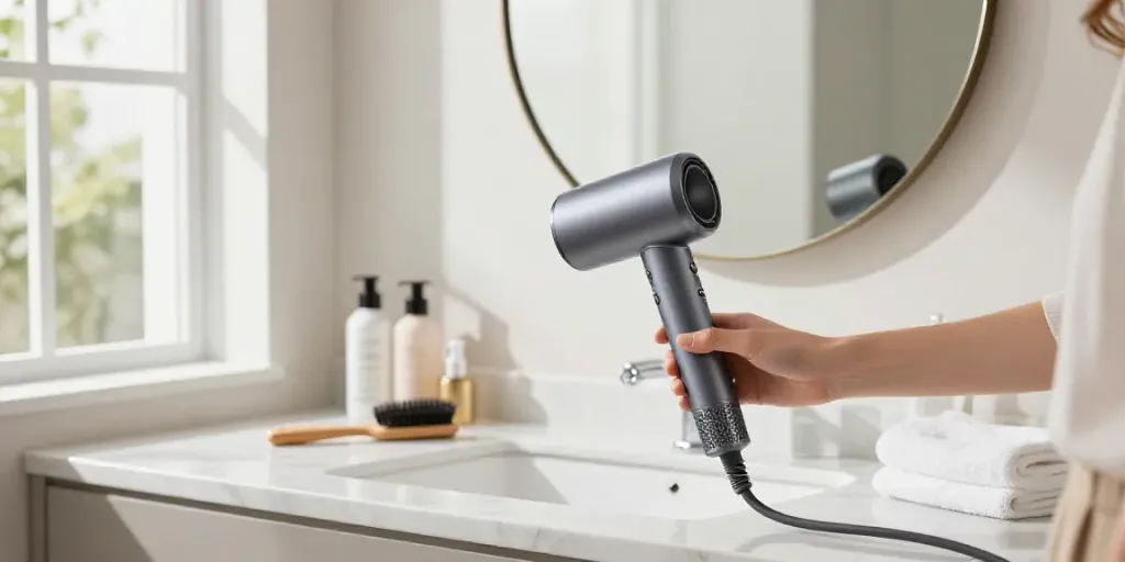 Eleganter Haartrockner auf einem Marmortisch mit Widerspiegelungen und Beauty-Zubehör