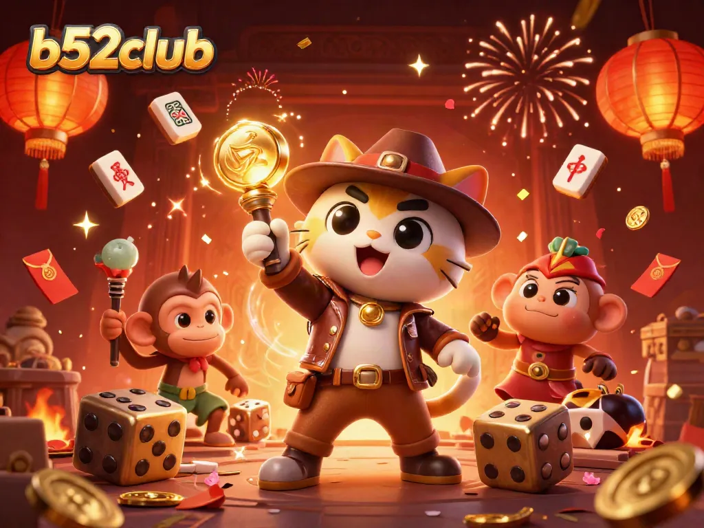 Join b52club for exciting casino adventures with the archaeologist cat and treasure-hunting monkey!