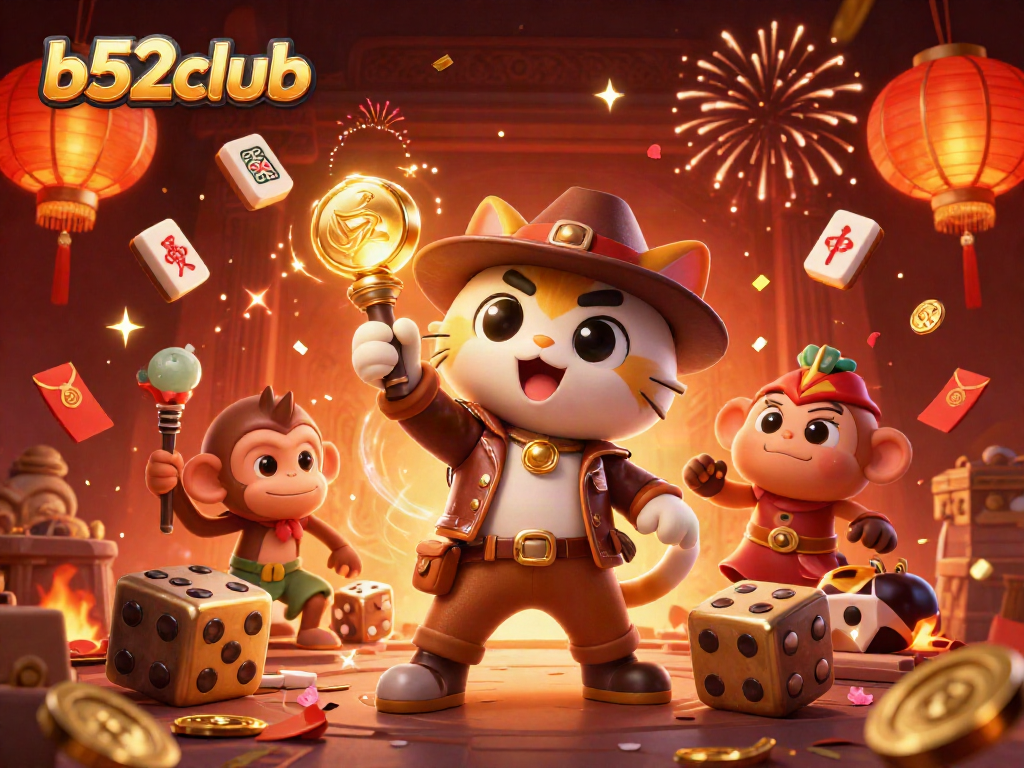 Join b52club for exciting casino adventures with the archaeologist cat and treasure-hunting monkey!