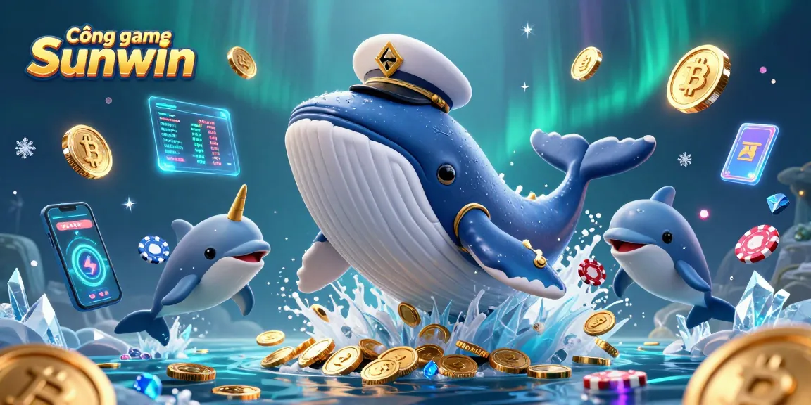 Cổng game Sunwin captures the excitement of online gaming with whales and dolphins in a vibrant underwater scene filled with coins.