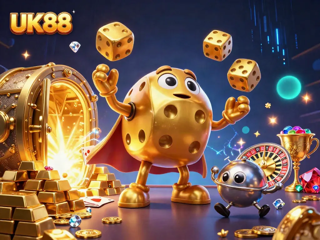 Experience thrilling wins at UK88 with our vibrant casino-themed illustration featuring a lively golden dice golem.
