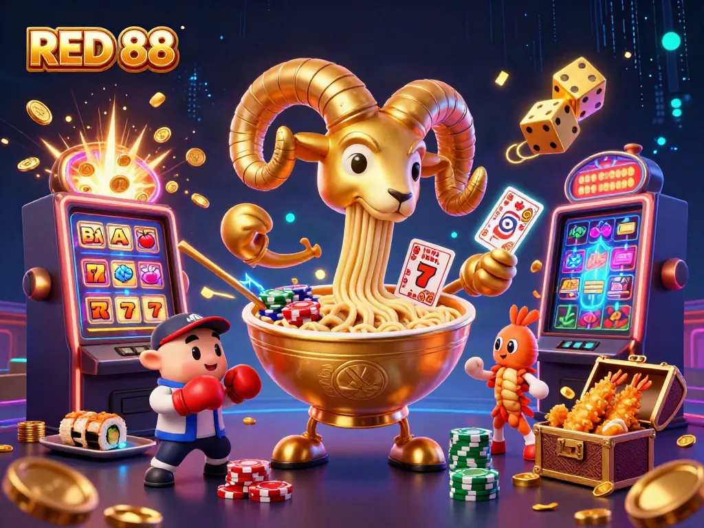 Experience the excitement of RED 88 with lively characters and jackpot elements in a vibrant casino scene.