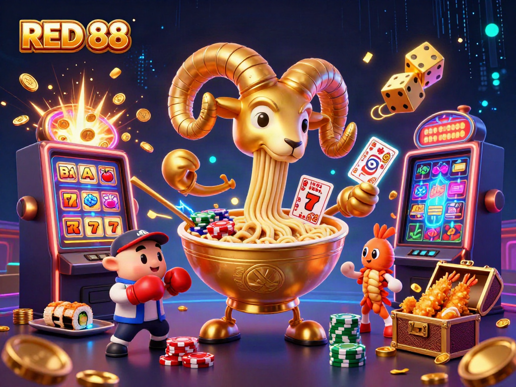 Experience the excitement of RED 88 with lively characters and jackpot elements in a vibrant casino scene.