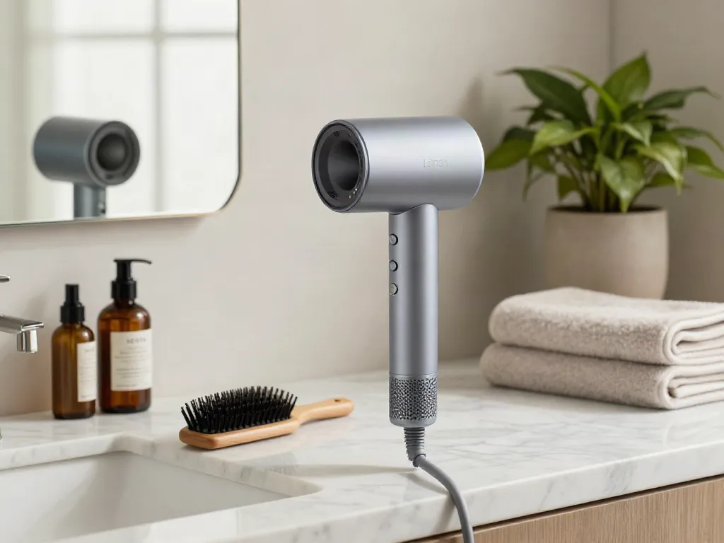 Haarföhn mit intelligenter Temperaturregelung in modernem Badezimmer auf Marmoroberfläche, umgeben von eleganten Stylingprodukten.