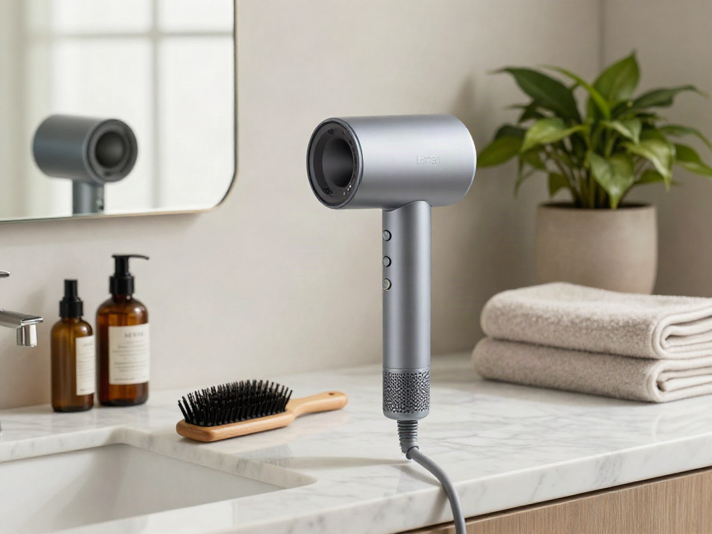 Haarföhn mit intelligenter Temperaturregelung in modernem Badezimmer auf Marmoroberfläche, umgeben von eleganten Stylingprodukten.
