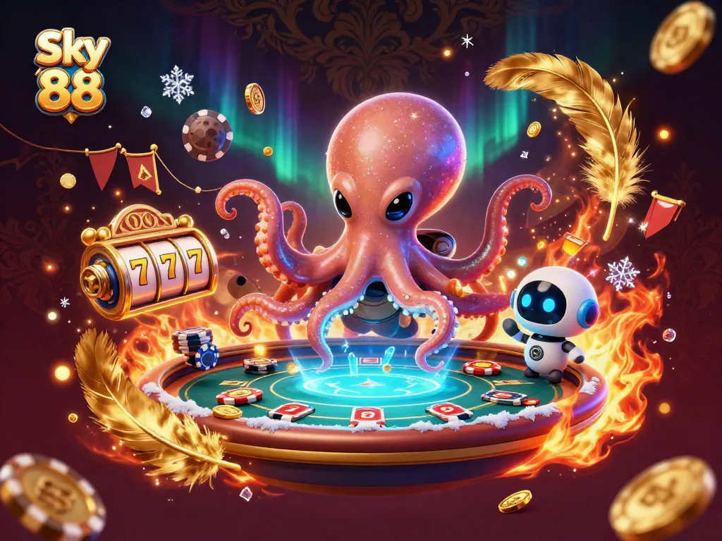Experience the thrilling atmosphere of Sky 88 casino with alien octopus and poker elements.