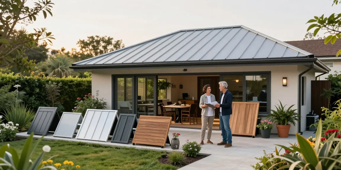Moderne Terrassenüberdachung freistehend im Garten mit Architekt und Hausbesitzer.