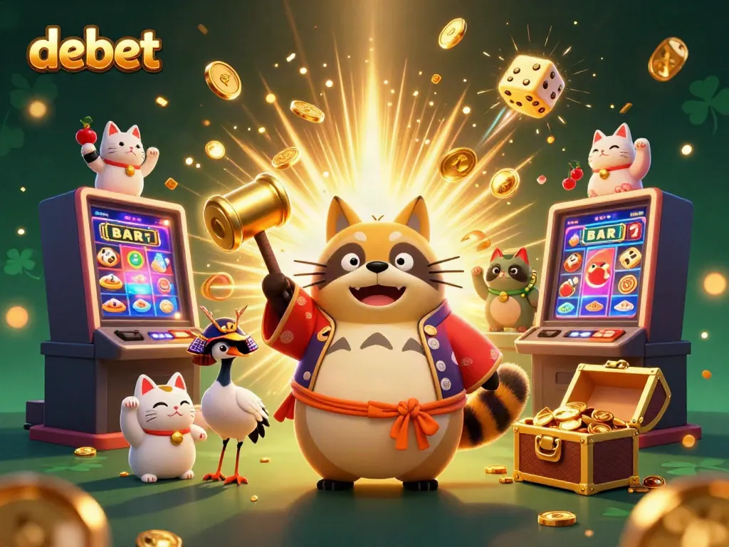 Engage with debet casino excitement as characters celebrate under a jackpot explosion.