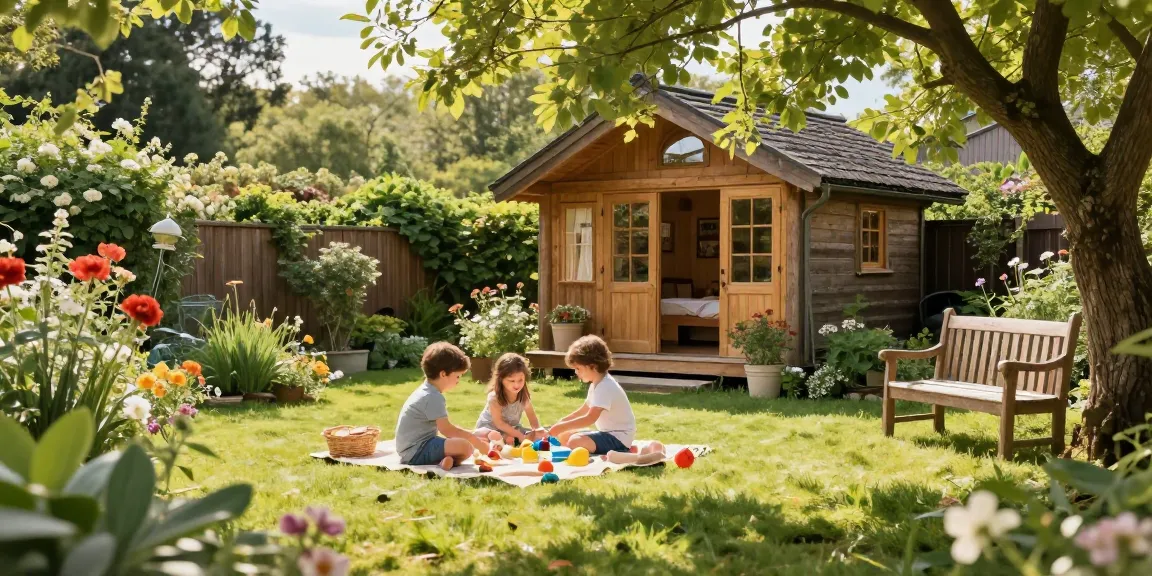 Schöner Garten mit Gartenhaus, entspannende Atmosphäre und spielenden Kindern.