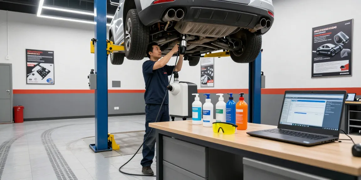 Techniker beim DPF reinigen in modernem Werkstatt, saubere Umgebung und Ausrüstung.