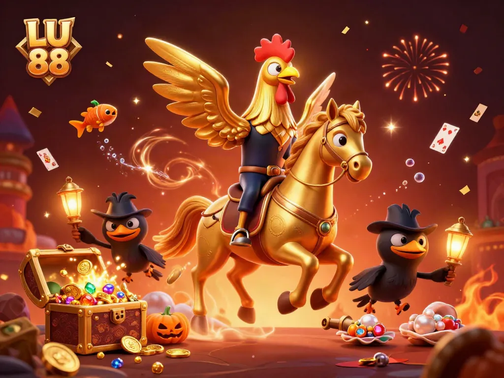 Experience thrilling moments at LU 88 with a golden rooster and pumpkin-headed companions in a vibrant casino scene.
