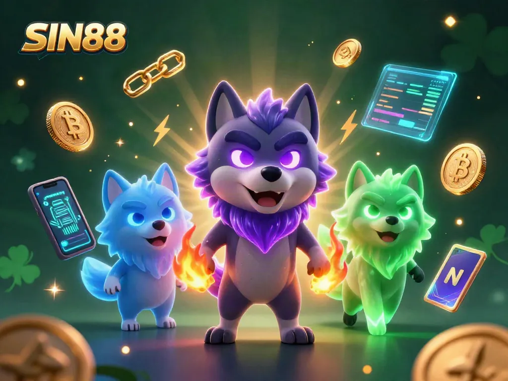 SIN88 players tackle thrilling odds with dynamic visuals of casino gaming and cryptocurrency elements.