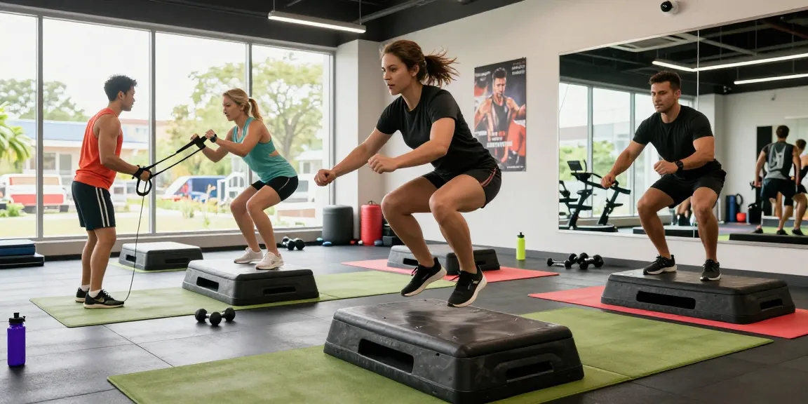 Aktive Fitness-Szene im Unique Pharma Shop, wo Menschen intensives HIIT-Training machen.
