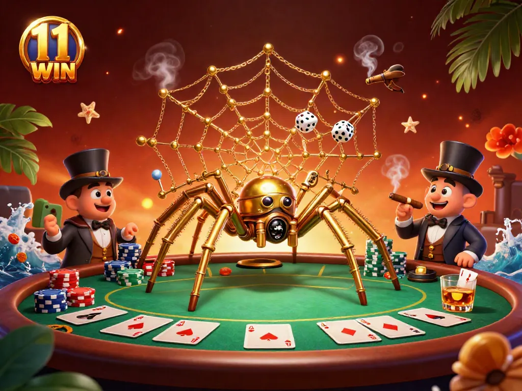Experience the thrill of 11 WIN with a steampunk spider and poker action in this vibrant casino illustration.