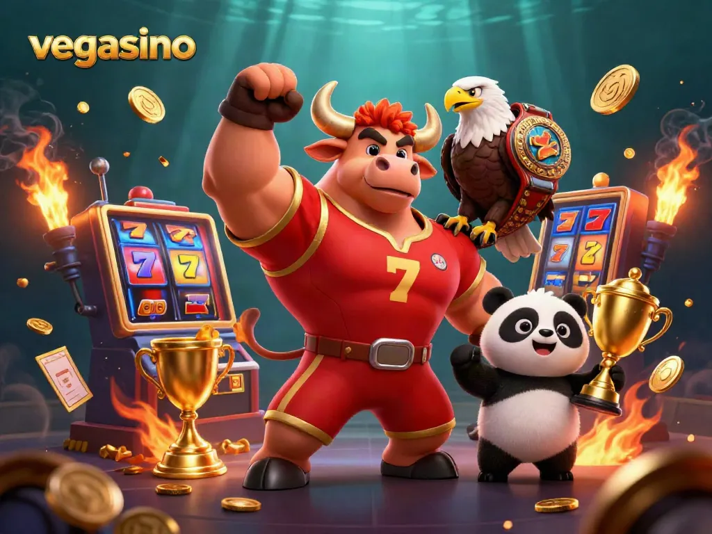 Win big at vegasino with thrilling slot machines and vibrant casino mascots in a lively scene.