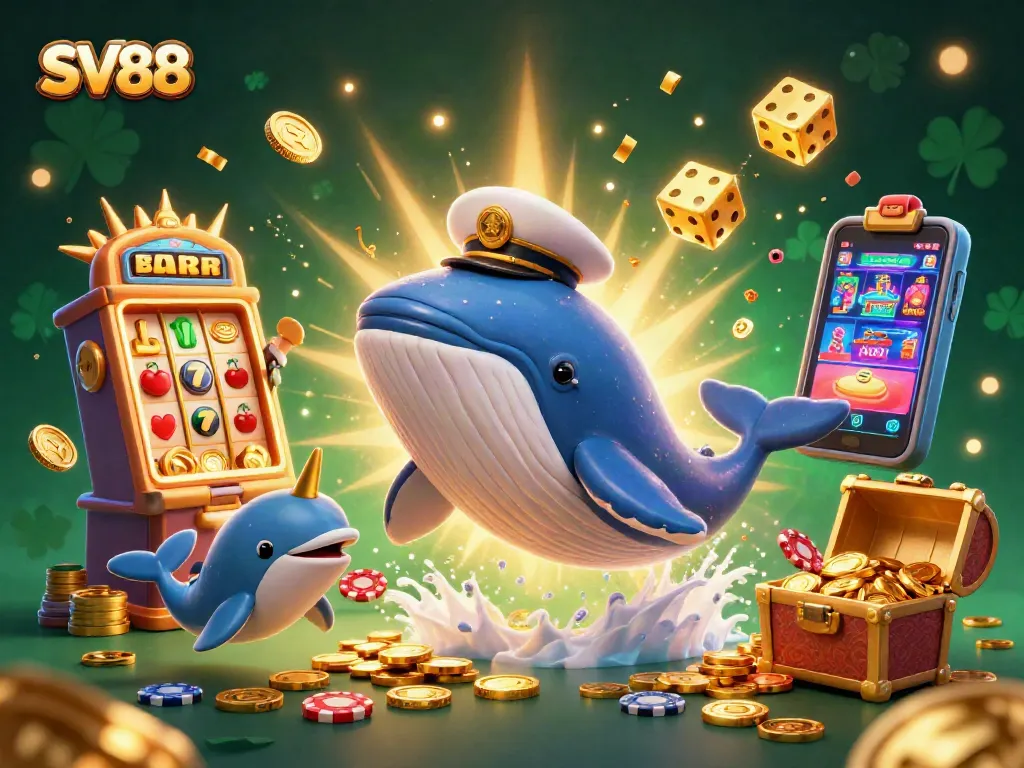 SV88 captivates players with a whale and friends in a dynamic casino scene filled with gold coins and games.