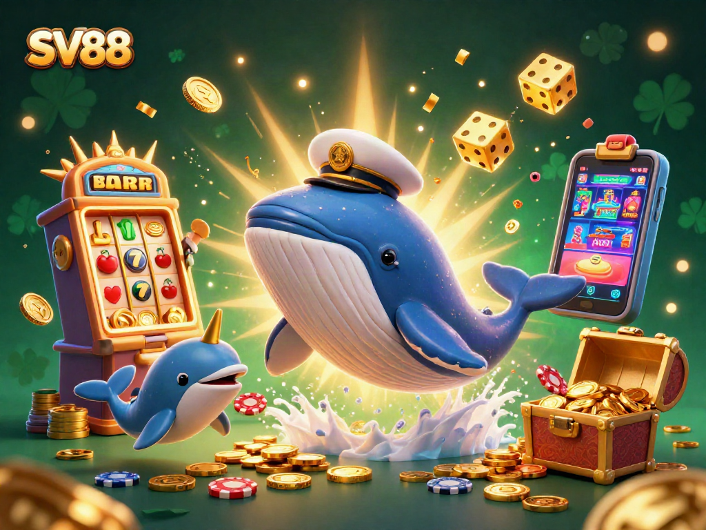 SV88 captivates players with a whale and friends in a dynamic casino scene filled with gold coins and games.