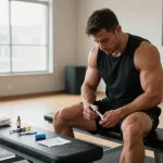 Im Anabolika Shop originaler Anabolika kaufen: Bodybuilder spritzt Steroid in modernen Fitnessstudio.