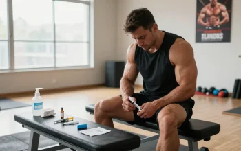 Im Anabolika Shop originaler Anabolika kaufen: Bodybuilder spritzt Steroid in modernen Fitnessstudio.