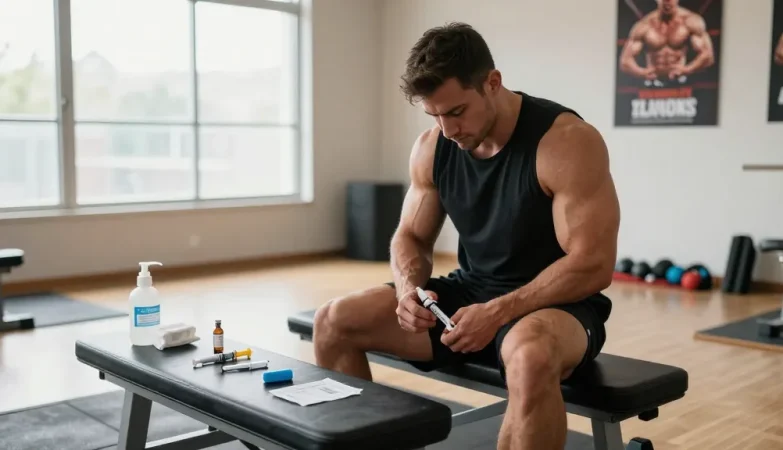 Im Anabolika Shop originaler Anabolika kaufen: Bodybuilder spritzt Steroid in modernen Fitnessstudio.