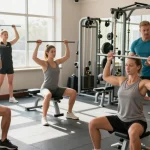 Utinon Steroide Produkte bei Fitnessübungen in einem modernen Gym, starke Athleten beim Training.