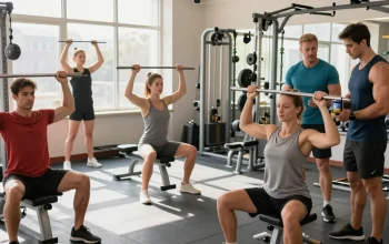 Utinon Steroide Produkte bei Fitnessübungen in einem modernen Gym, starke Athleten beim Training.