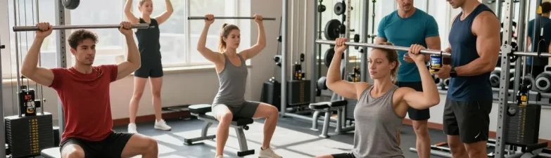 Utinon Steroide Produkte bei Fitnessübungen in einem modernen Gym, starke Athleten beim Training.