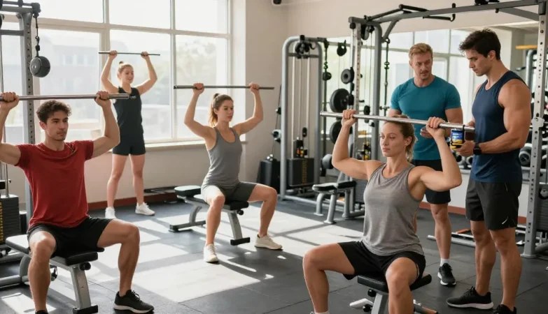 Utinon Steroide Produkte bei Fitnessübungen in einem modernen Gym, starke Athleten beim Training.