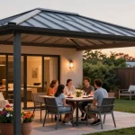 Moderne Terrassenüberdachung mit glücklicher Familie und blühenden Blumen im Garten.