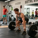 Anabolika Shop Deutschland: Bodybuilder im Fitnessstudio beim Deadlift-Training mit ansprechenden Trainingsgeräten und motivierenden Elementen.