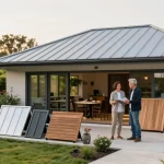 Moderne Terrassenüberdachung freistehend im Garten mit Architekt und Hausbesitzer.