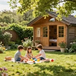 Schöner Garten mit Gartenhaus, entspannende Atmosphäre und spielenden Kindern.