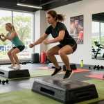 Aktive Fitness-Szene im Unique Pharma Shop, wo Menschen intensives HIIT-Training machen.